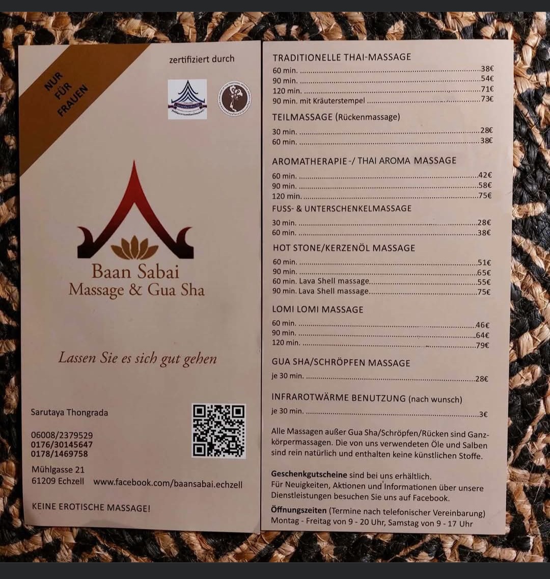 Baan Sabai Thaimassage & GuaSha, 61209 Echzell, Physiotherapie in Echzell