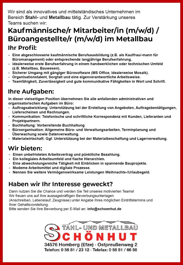 Dieter Schönhut Stahl‑ und Metallbau GmbH & Co. KG, Handwerker in Homberg (Efze)