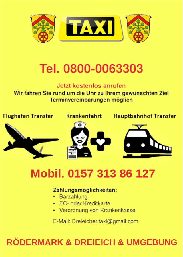 Taxi Rödermark Krankenbeförderung & Flughafenfahrten & Hauptbahnhoffahrten, Taxi in Rödermark
